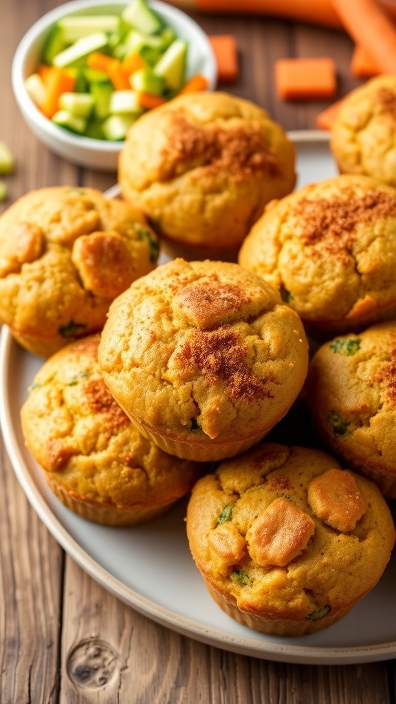 Zucchini Carrot Muffins Recipe A plate of golden brown zucchini carrot muffins with visible zucchini and carrot bits, on a rustic wooden table.